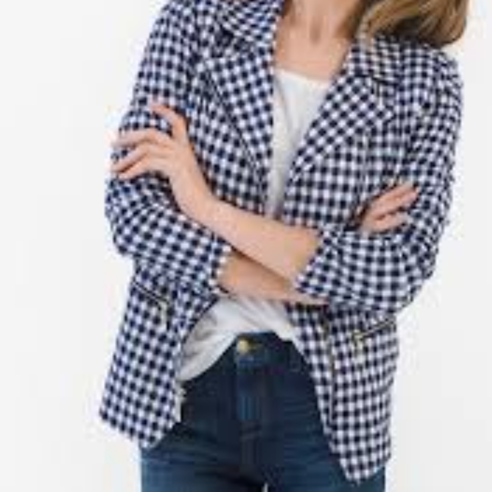 Chicos gingham moto asymmetric jacket in blue and white.  Zips up front with lin - Picture 2 of 7